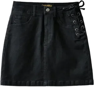 Design Sense one-Side lace up Lined A-line Hip-Wrapped Short Skirt Women's high Waist Denim Skirt