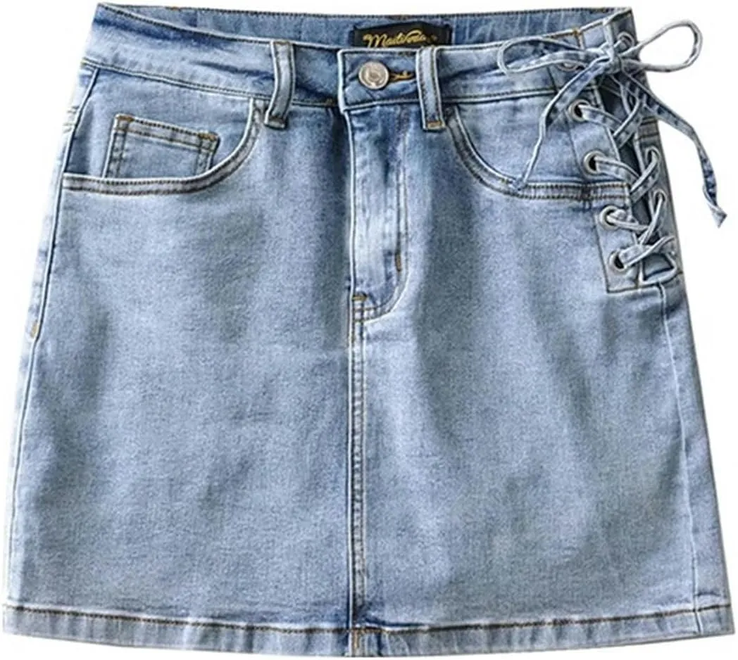 Design Sense one-Side lace up Lined A-line Hip-Wrapped Short Skirt Women's high Waist Denim Skirt