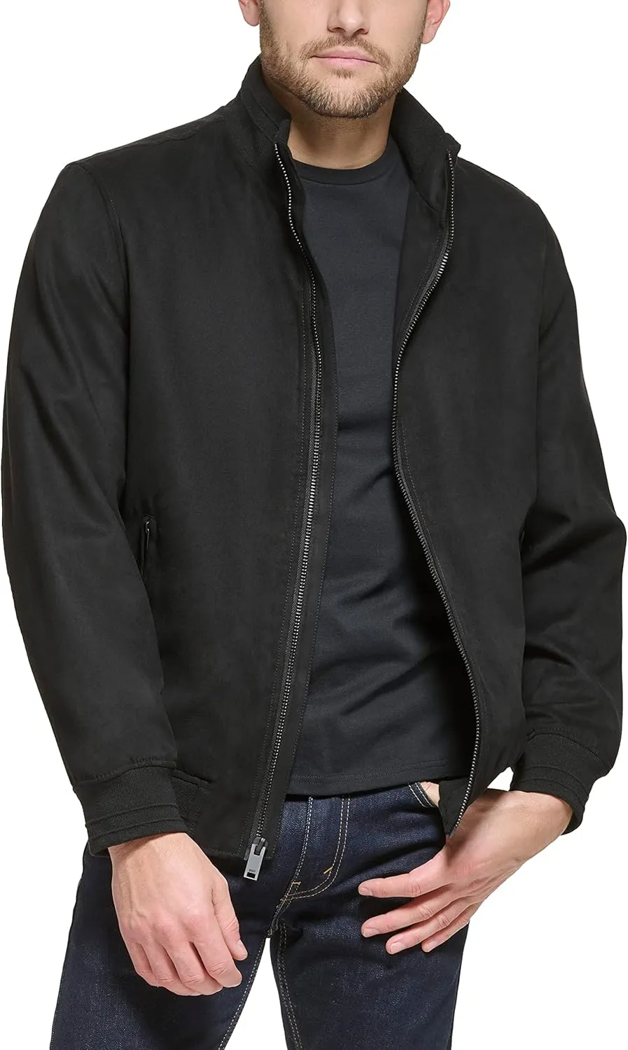 DKNY Mens Modern Knit Collar Bomber Jacket, Black Microsuede