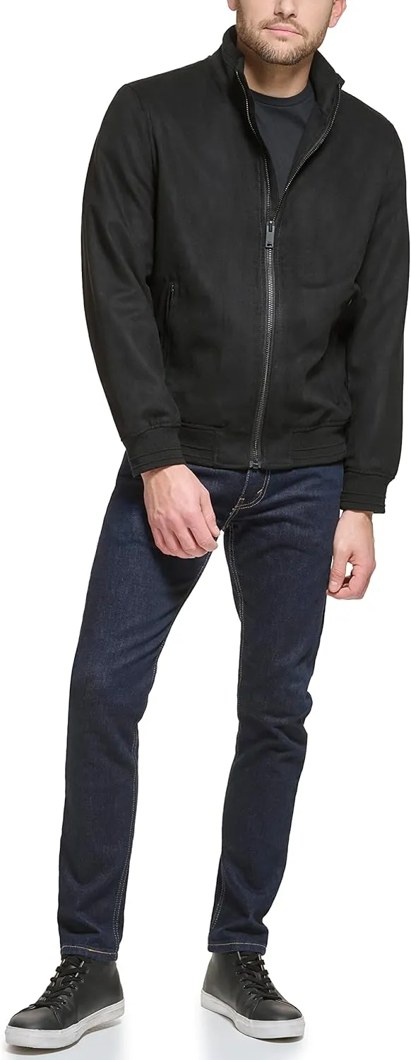 DKNY Mens Modern Knit Collar Bomber Jacket, Black Microsuede