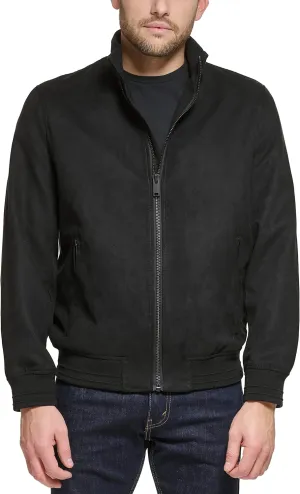 DKNY Mens Modern Knit Collar Bomber Jacket, Black Microsuede
