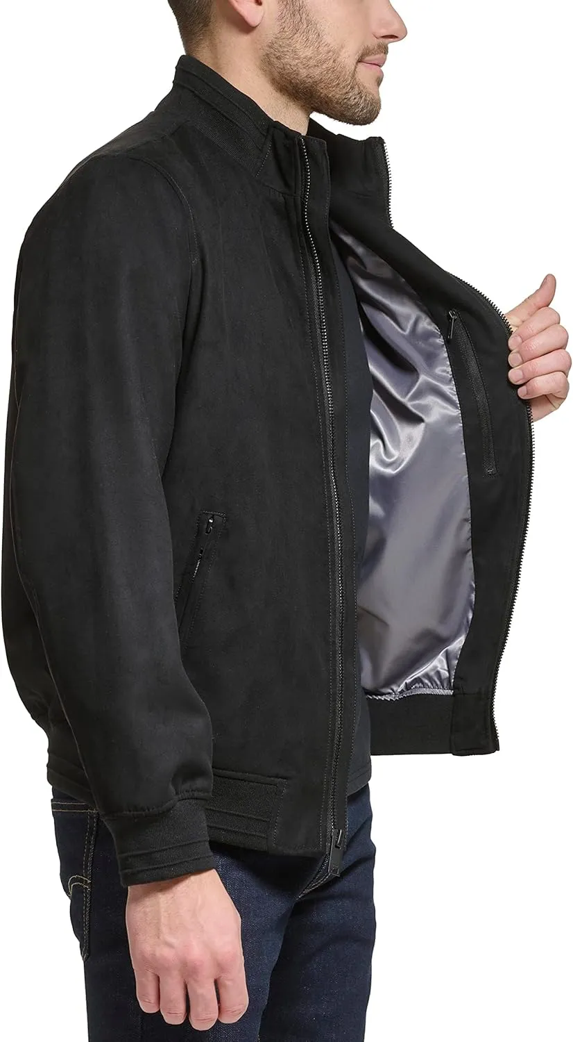 DKNY Mens Modern Knit Collar Bomber Jacket, Black Microsuede