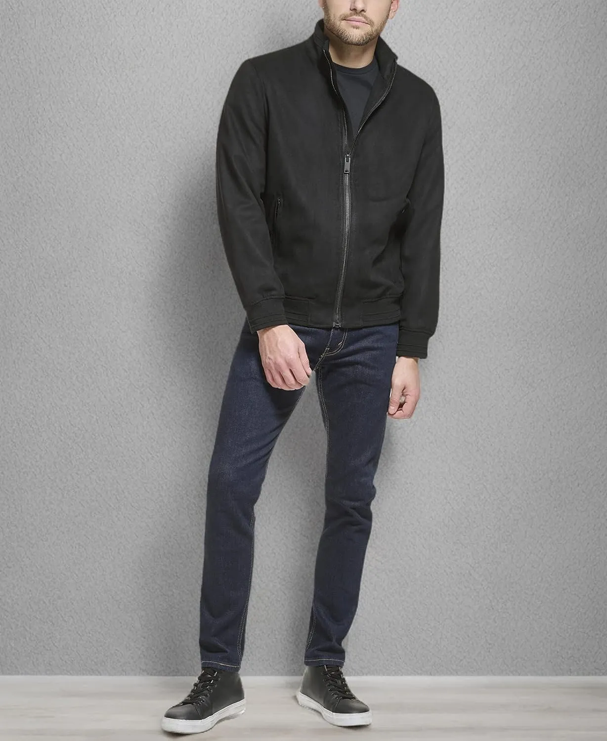DKNY Mens Modern Knit Collar Bomber Jacket, Black Microsuede