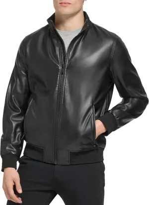 DKNY Mens Modern Knit Collar Bomber Jacket, Black Microsuede