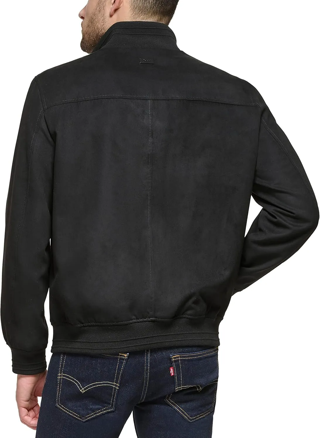 DKNY Mens Modern Knit Collar Bomber Jacket, Black Microsuede
