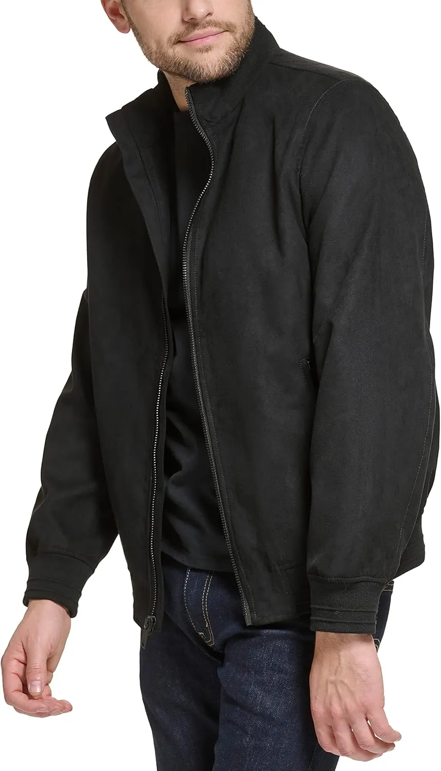 DKNY Mens Modern Knit Collar Bomber Jacket, Black Microsuede