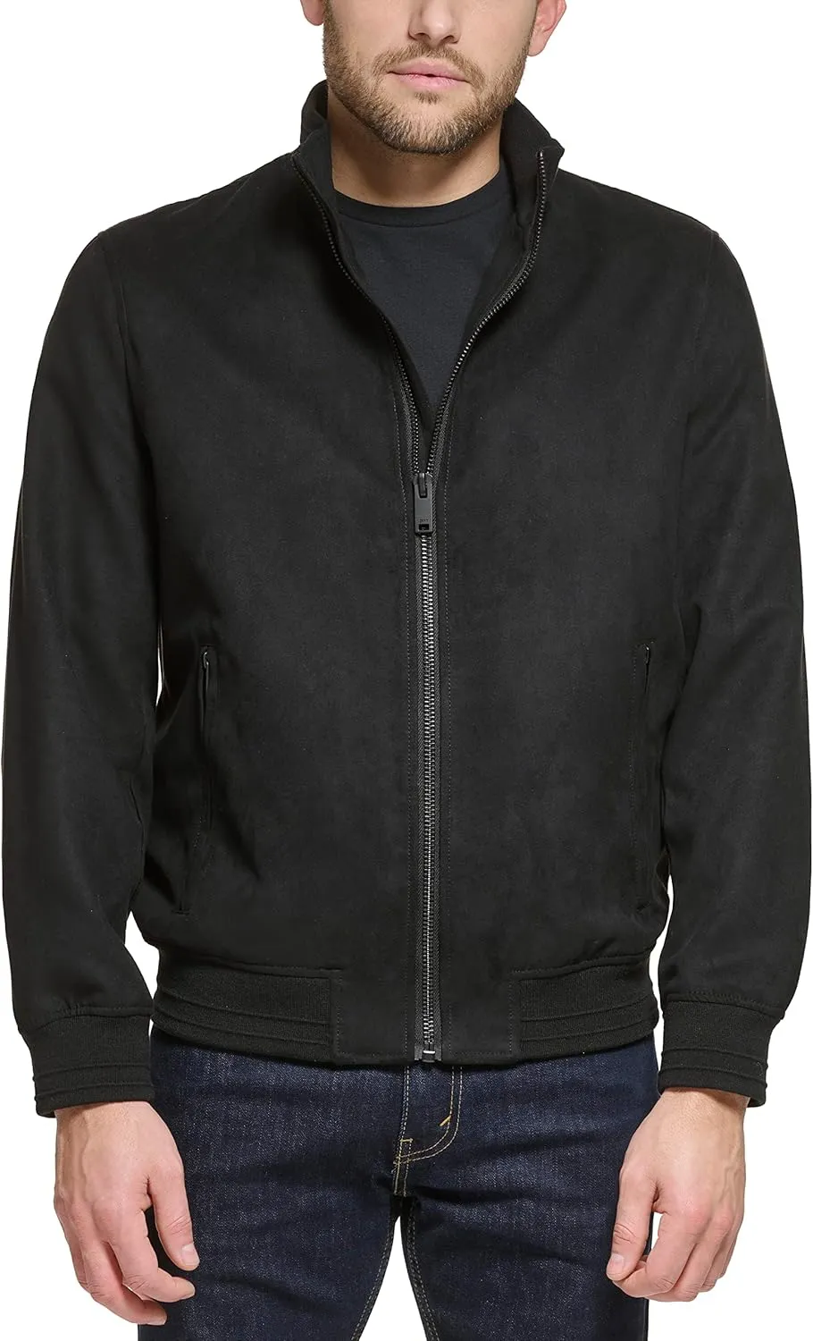DKNY Mens Modern Knit Collar Bomber Jacket, Black Microsuede