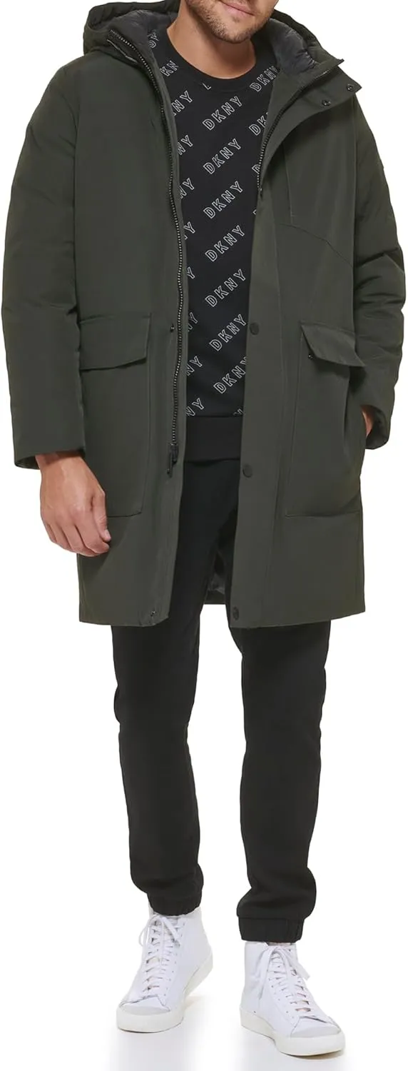 DKNY Men's Water Resistant Hooded Logo Parka Jacket