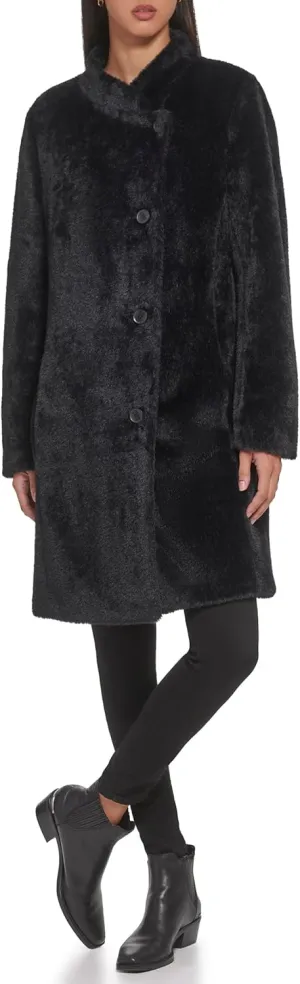 DKNY Womens Wool-Blend Button-up Asymmetrical Overcoat