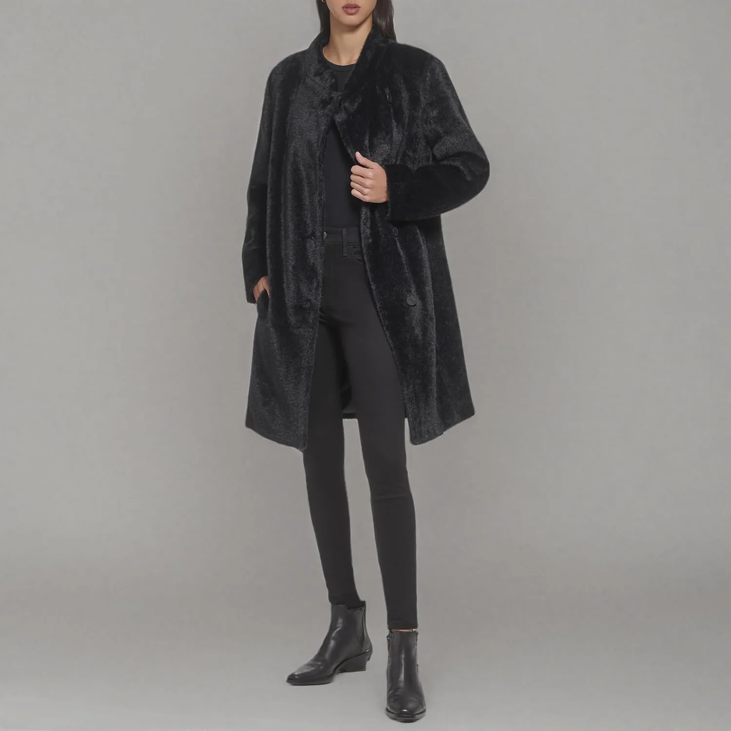 DKNY Womens Wool-Blend Button-up Asymmetrical Overcoat