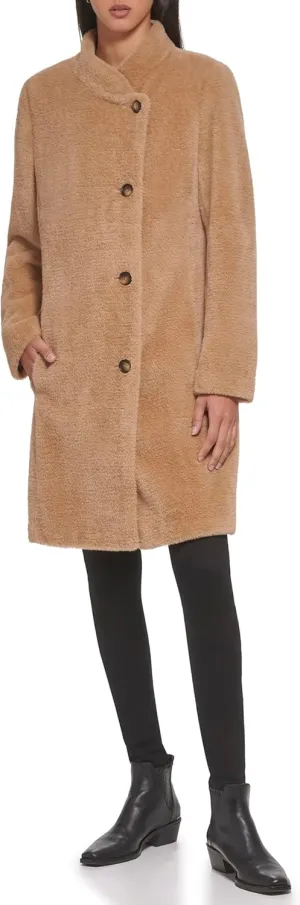 DKNY Womens Wool-Blend Button-up Asymmetrical Overcoat