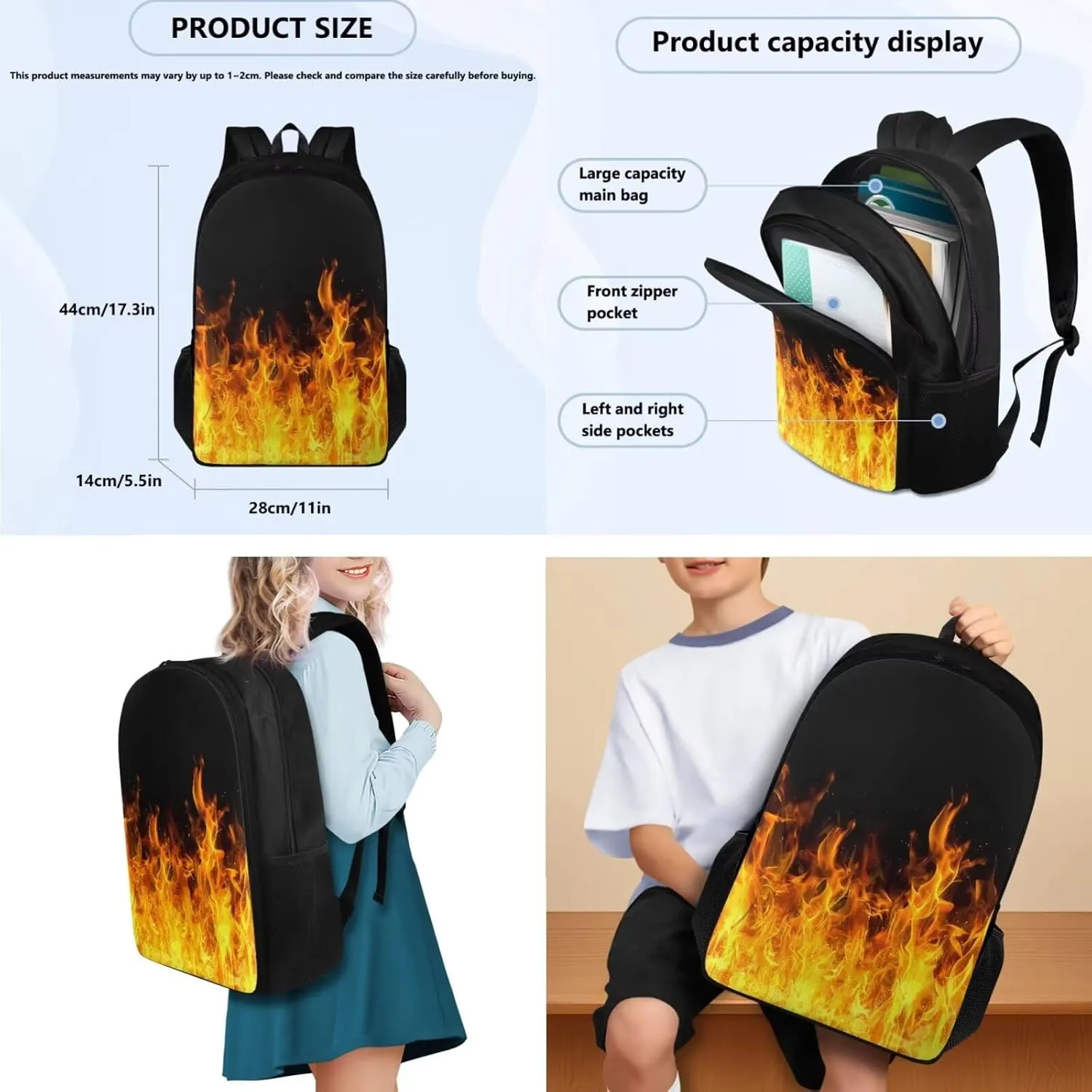 doginthehole 3D Flame Backpack for Boys Cool Lightweight Kids Bookbag with Lunch Box 3 Piece Large Capacity Boys School Bags 9-10 Years for Elementary Middle School Casual Travel Book Bags