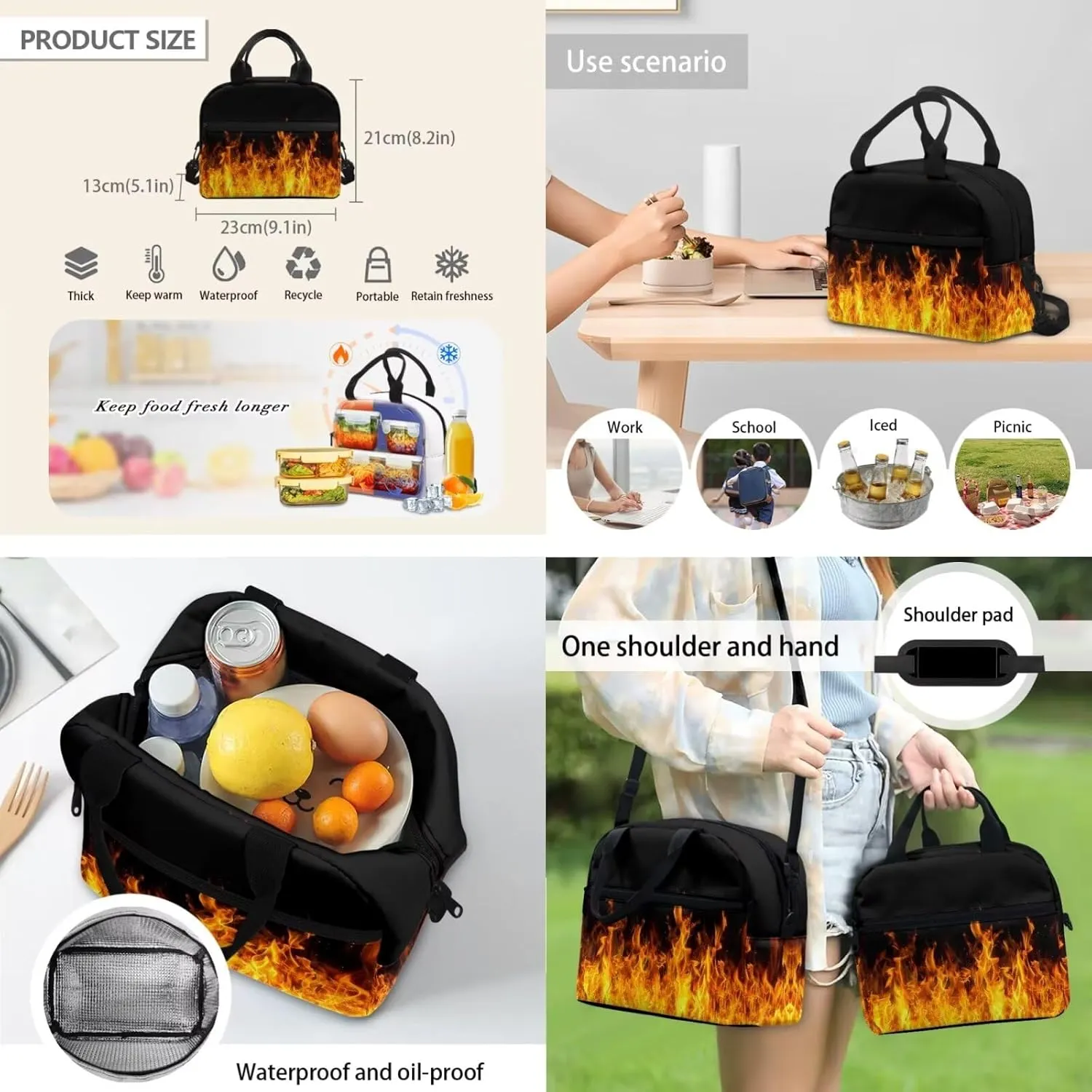 doginthehole 3D Flame Backpack for Boys Cool Lightweight Kids Bookbag with Lunch Box 3 Piece Large Capacity Boys School Bags 9-10 Years for Elementary Middle School Casual Travel Book Bags
