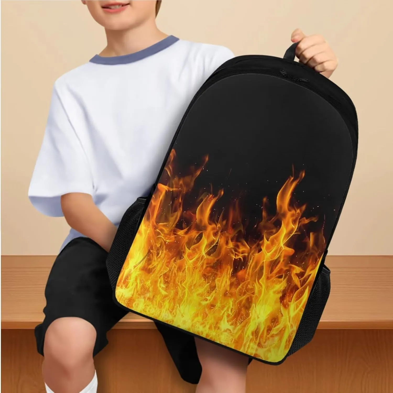 doginthehole 3D Flame Backpack for Boys Cool Lightweight Kids Bookbag with Lunch Box 3 Piece Large Capacity Boys School Bags 9-10 Years for Elementary Middle School Casual Travel Book Bags