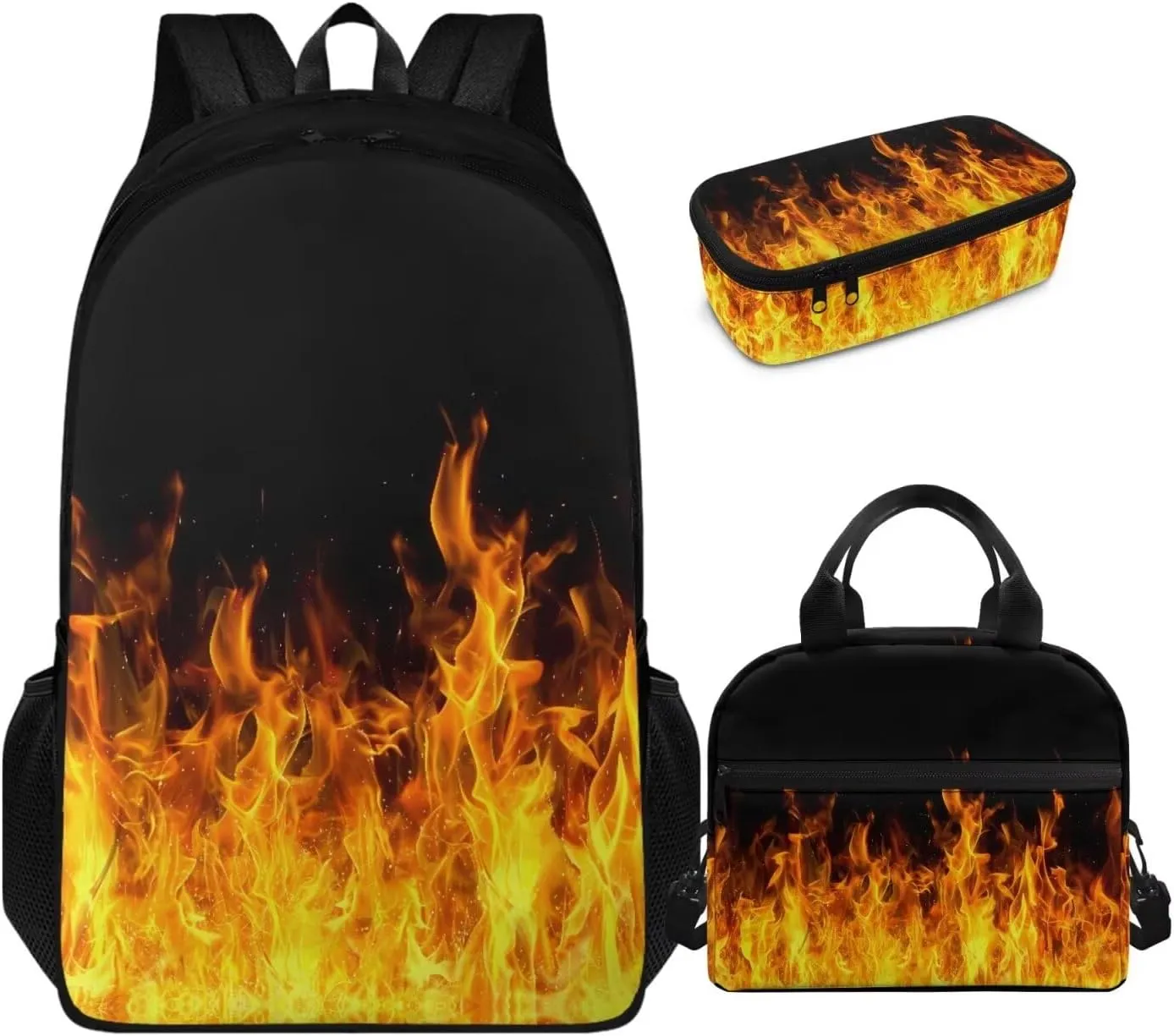 doginthehole 3D Flame Backpack for Boys Cool Lightweight Kids Bookbag with Lunch Box 3 Piece Large Capacity Boys School Bags 9-10 Years for Elementary Middle School Casual Travel Book Bags