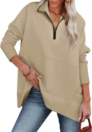 Dokotoo Women's Casual Oversized Half Zip Sweatshirts Long Sleeve Solid Color Pullover Jackets with Pockets