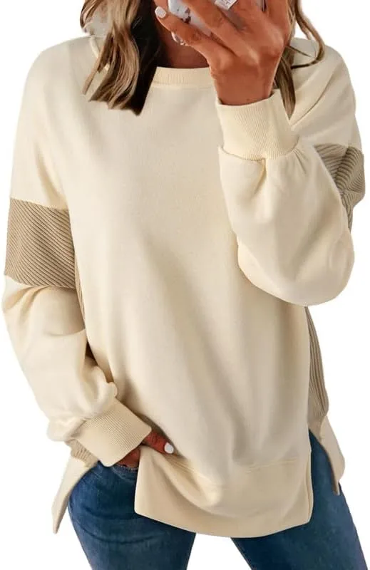 Dokotoo Women's Casual Oversized Sweatshirt Crew Neck Color Block Loose Pullover Tops Side Slit