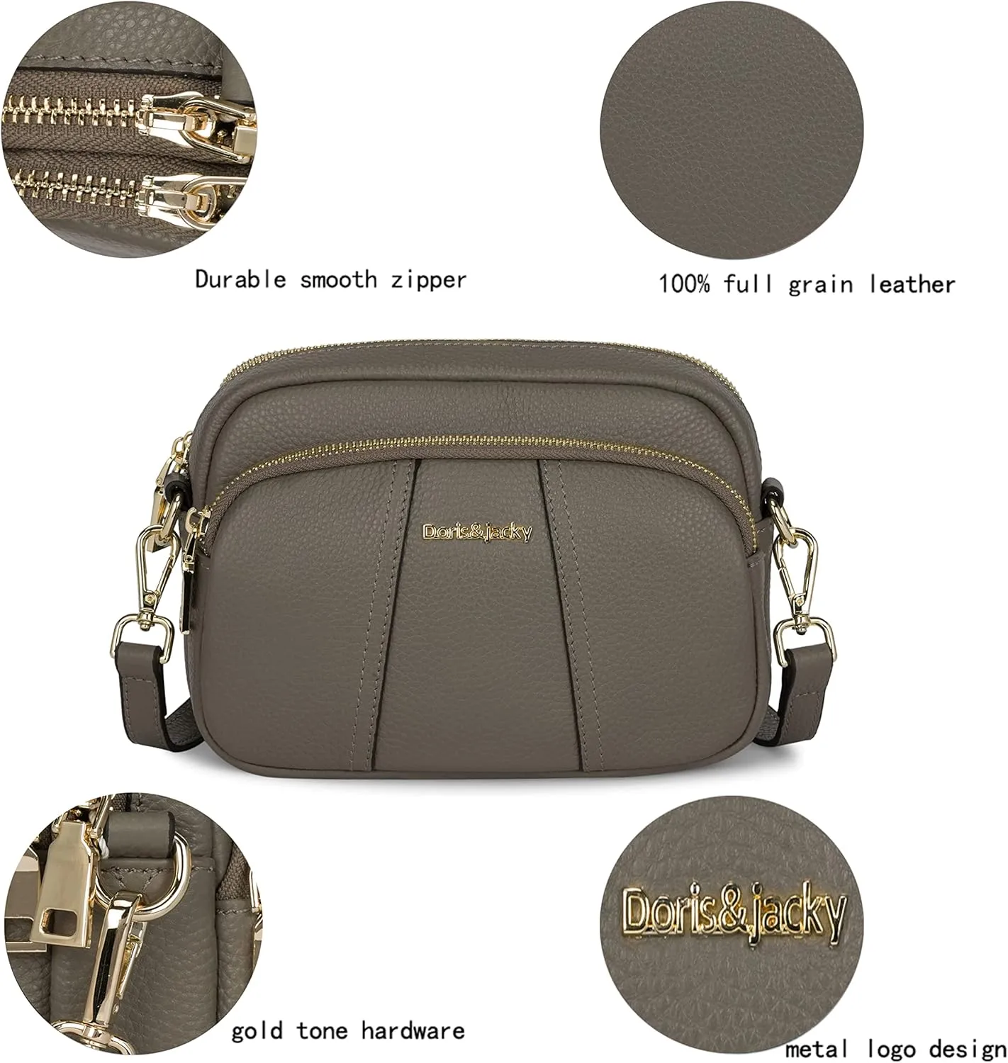DORIS&JACKY Leather Crossbody Bag For Women Small Soft Triple Zipper Shoulder Handbags With Adjustable Strap