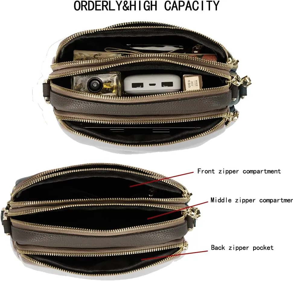 DORIS&JACKY Leather Crossbody Bag For Women Small Soft Triple Zipper Shoulder Handbags With Adjustable Strap