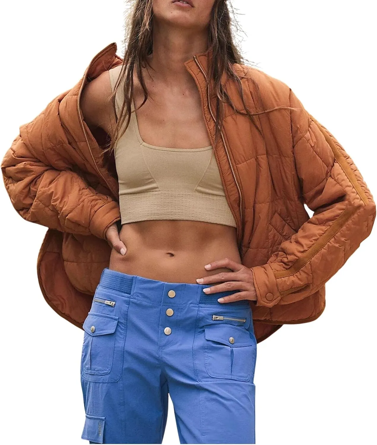 Esmeling Womens Baggy Lightweight Puffer Jackets Quilted Full Zip Packable Short Down Coat with Pockets