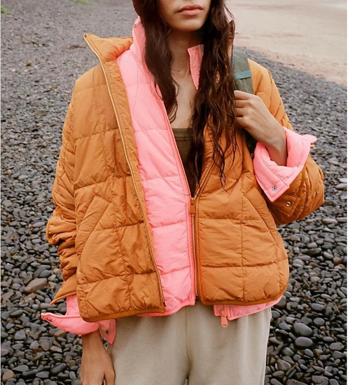 Esmeling Womens Baggy Lightweight Puffer Jackets Quilted Full Zip Packable Short Down Coat with Pockets