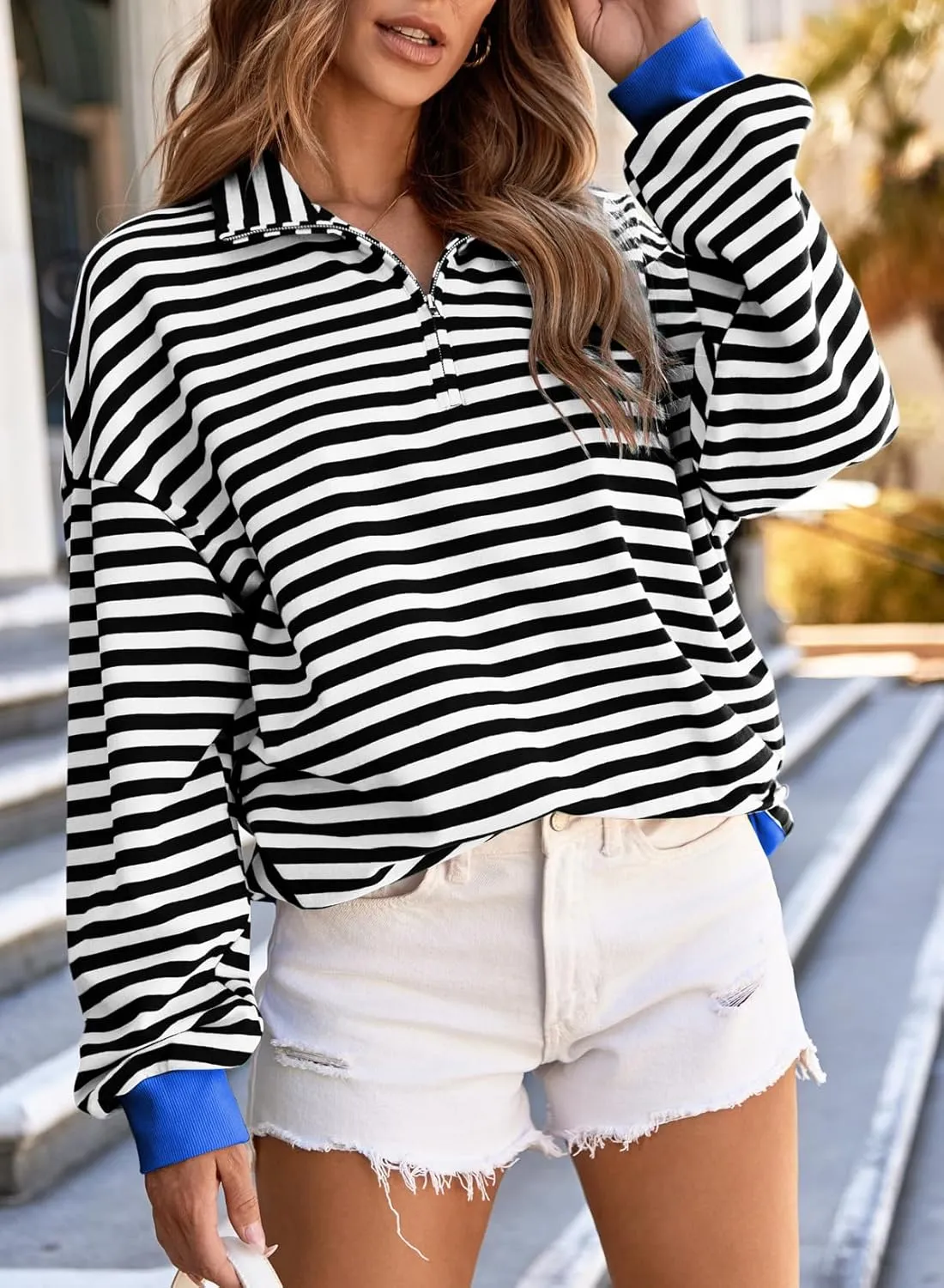 EVALESS Oversized Sweatshirt for Women 2024 Fall Outfits Fashion Long Sleeve Shirts Striped Quarter Zip Pullover Tops