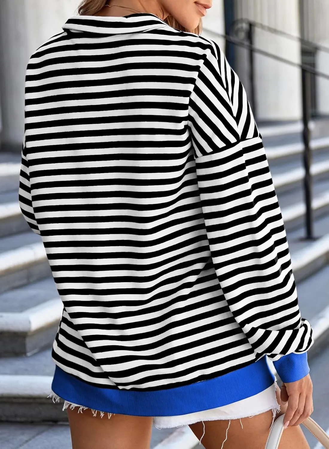 EVALESS Oversized Sweatshirt for Women 2024 Fall Outfits Fashion Long Sleeve Shirts Striped Quarter Zip Pullover Tops