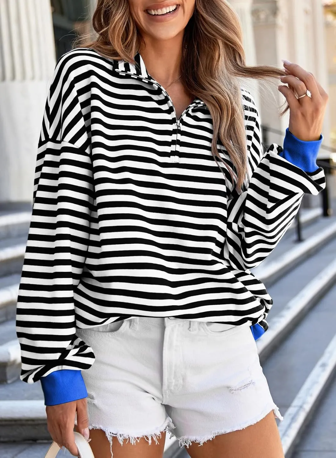 EVALESS Oversized Sweatshirt for Women 2024 Fall Outfits Fashion Long Sleeve Shirts Striped Quarter Zip Pullover Tops