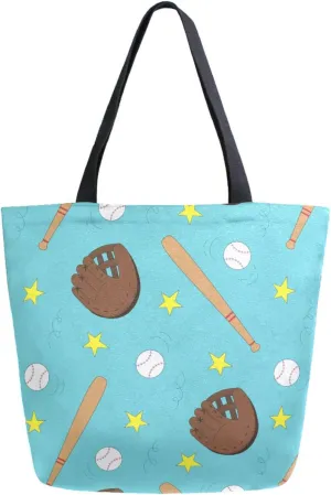 Extra Large Shoulder Grocery Tote Bag, Baseball Gloves Bats Floral Turquoise Canvas Durable Daily Handle Bag Reusable for Gym Weekender Picnic Yoga Beach Travel Kitchen Market Shopping