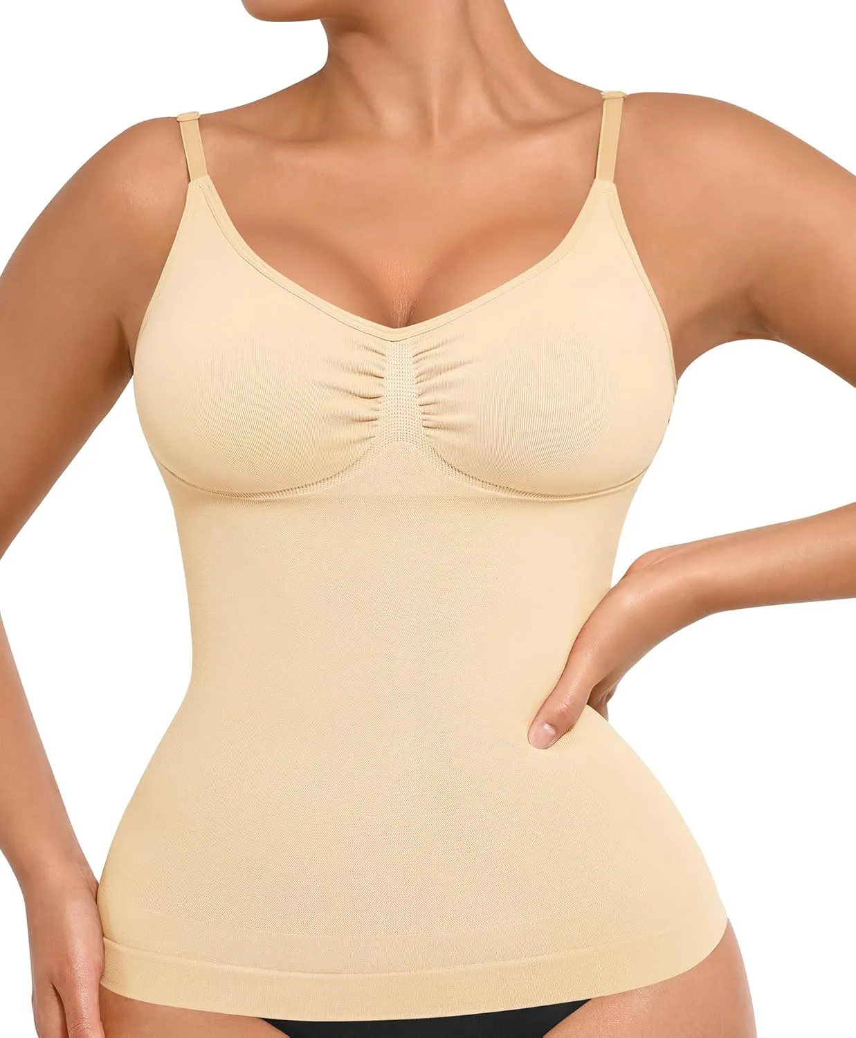 FeelinGirl Shapewear for Women Compression Camisole Tops Tummy Control Shirts V-neck Ruched Plus Size Tank Top Beige XXL