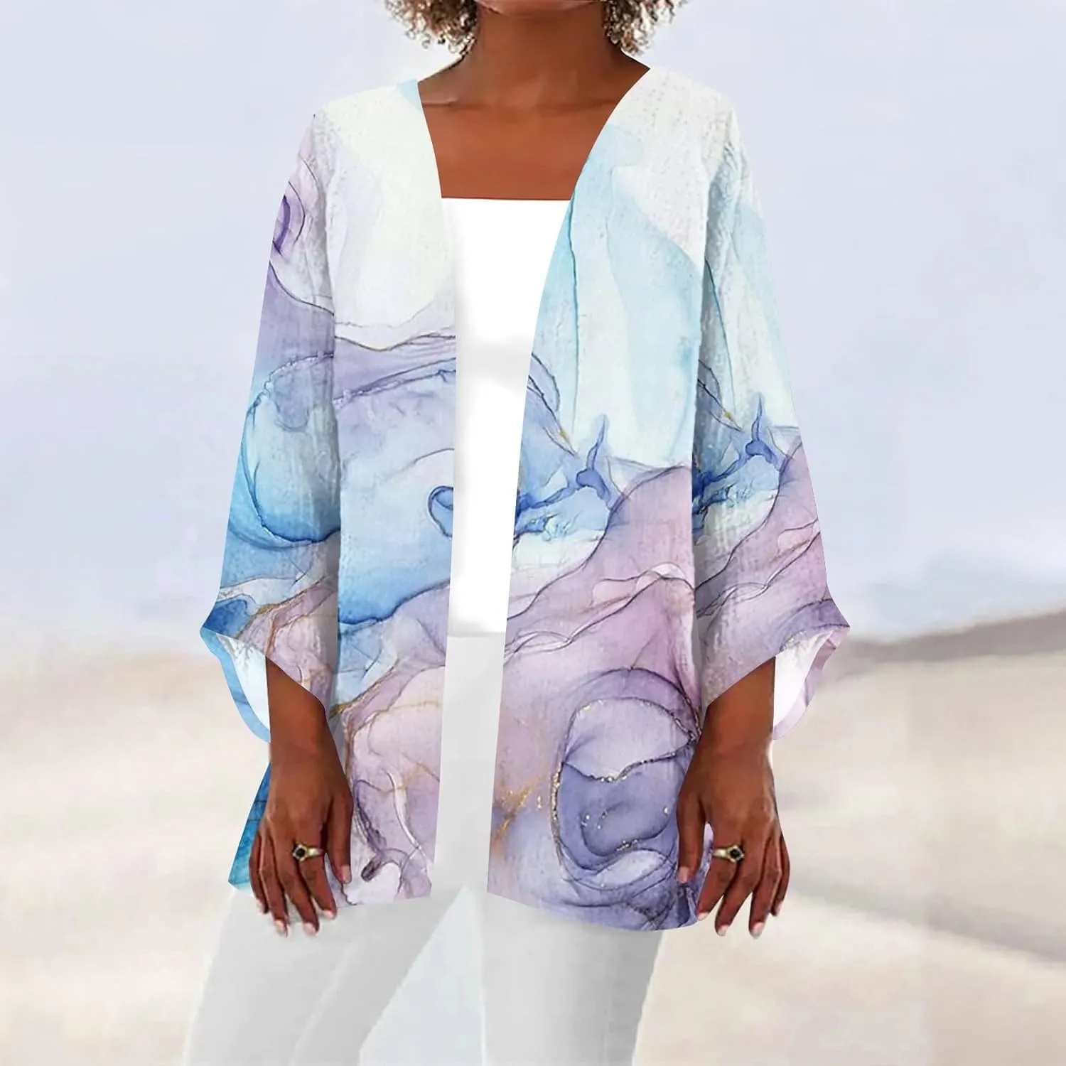 FlekmanArt Kimonos for Women Casual Print 3/4 Sleeve Open Front Cardigan Casual Loose Lightweight Trendy Flowy Dressy Jacket