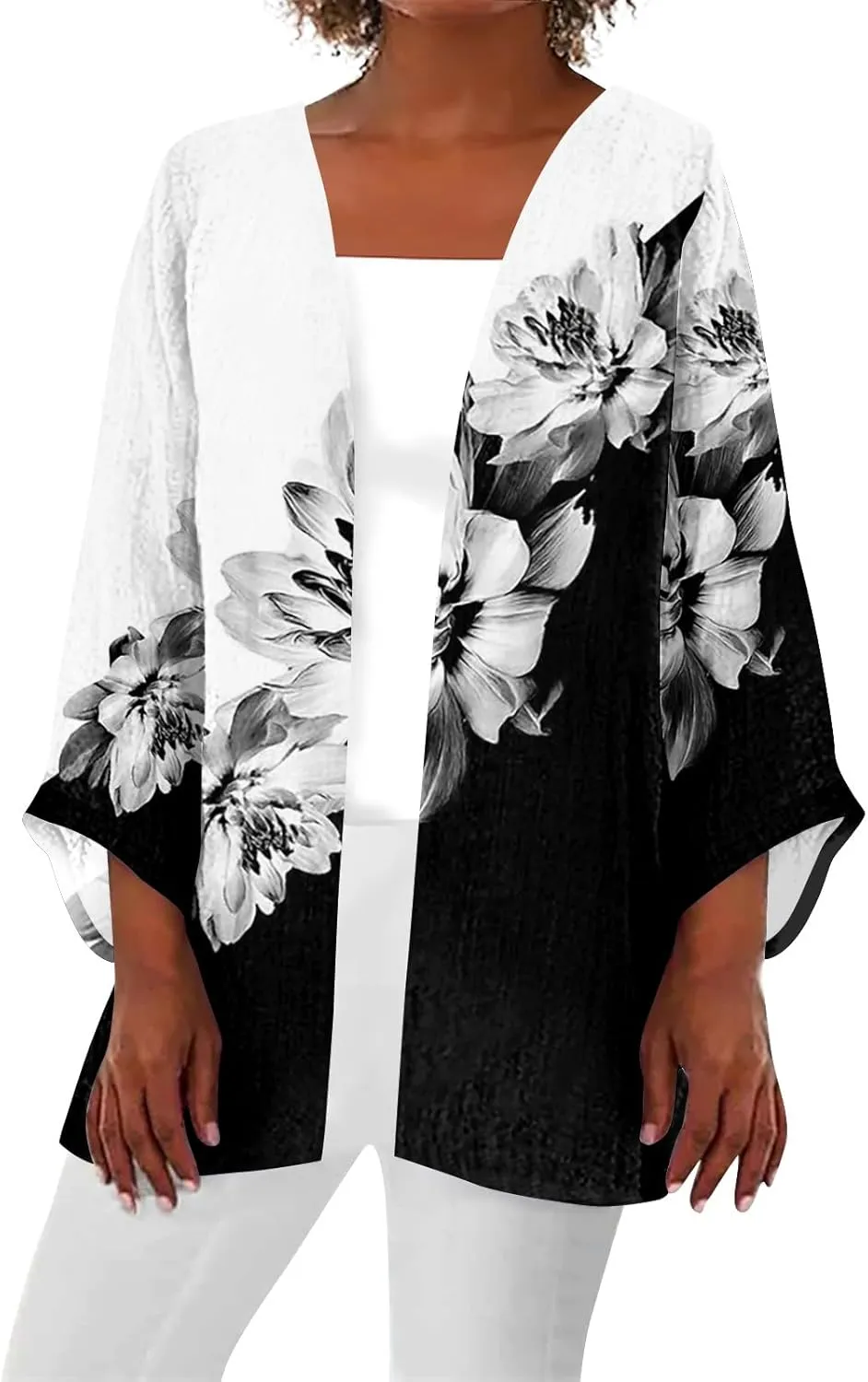 FlekmanArt Kimonos for Women Casual Print 3/4 Sleeve Open Front Cardigan Casual Loose Lightweight Trendy Flowy Dressy Jacket