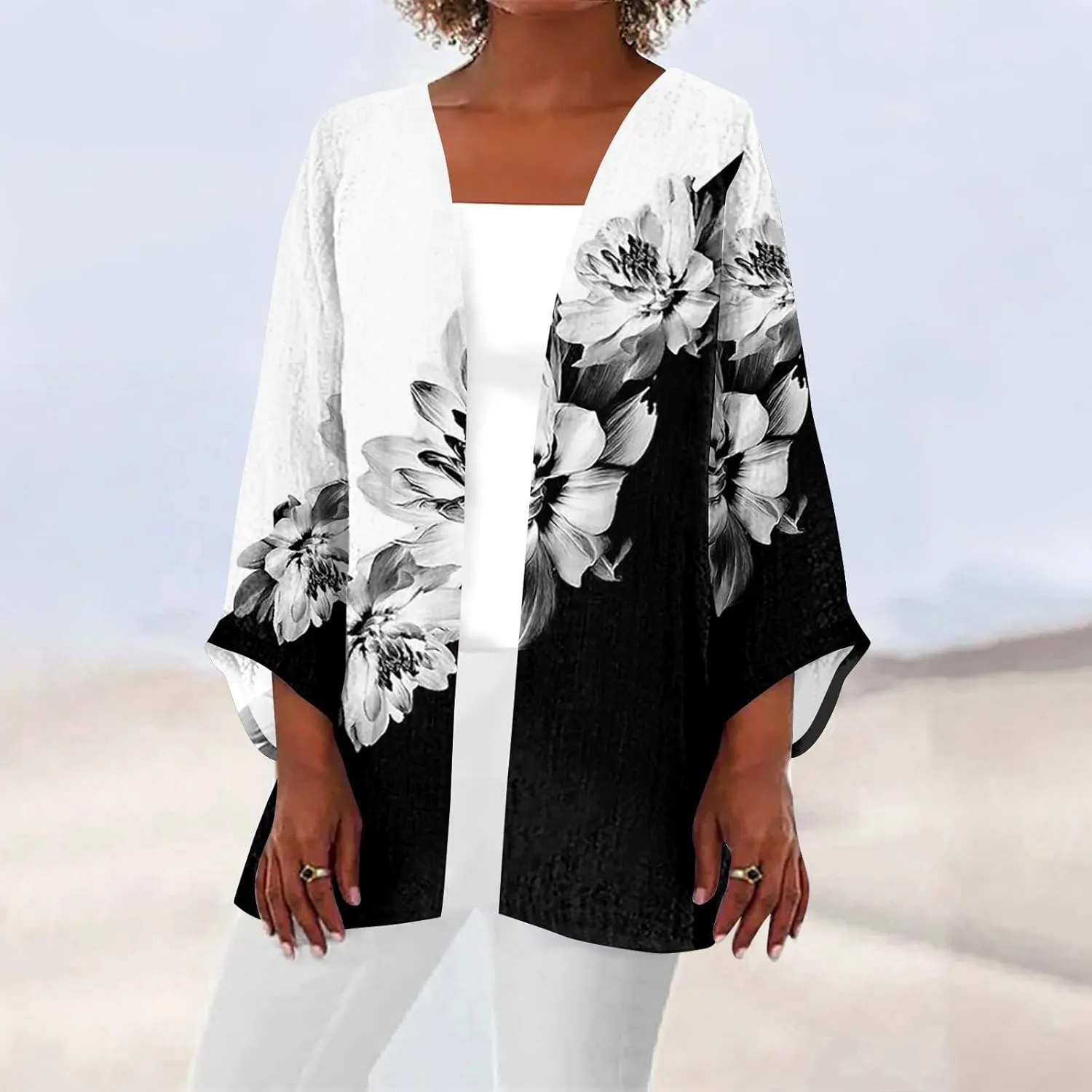 FlekmanArt Kimonos for Women Casual Print 3/4 Sleeve Open Front Cardigan Casual Loose Lightweight Trendy Flowy Dressy Jacket