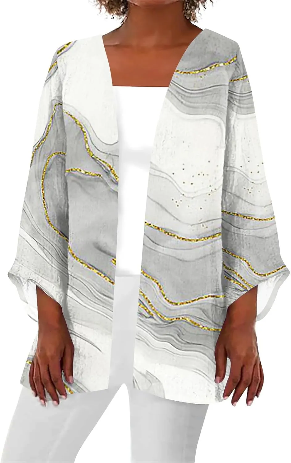 FlekmanArt Kimonos for Women Casual Print 3/4 Sleeve Open Front Cardigan Casual Loose Lightweight Trendy Flowy Dressy Jacket