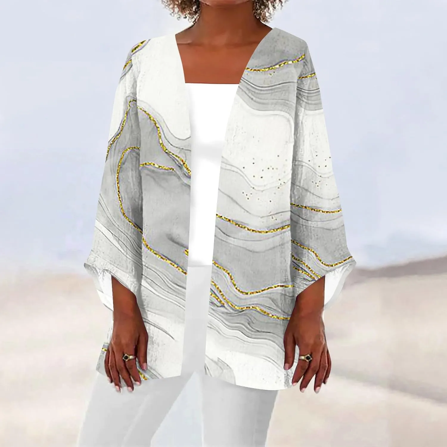 FlekmanArt Kimonos for Women Casual Print 3/4 Sleeve Open Front Cardigan Casual Loose Lightweight Trendy Flowy Dressy Jacket