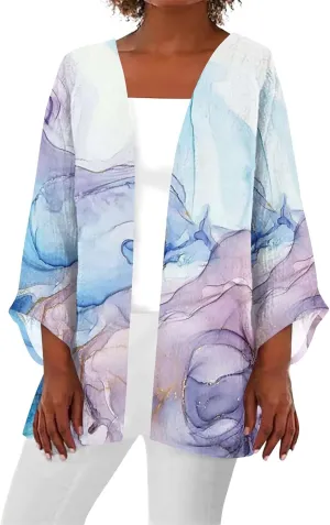 FlekmanArt Kimonos for Women Casual Print 3/4 Sleeve Open Front Cardigan Casual Loose Lightweight Trendy Flowy Dressy Jacket