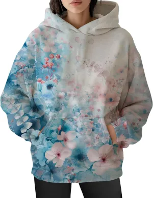 Flower Hoodie for Women Y2K Oversized Floral Printed Sweatshirts Casual Long Sleeve Hooded Sweatshirts with Pocket