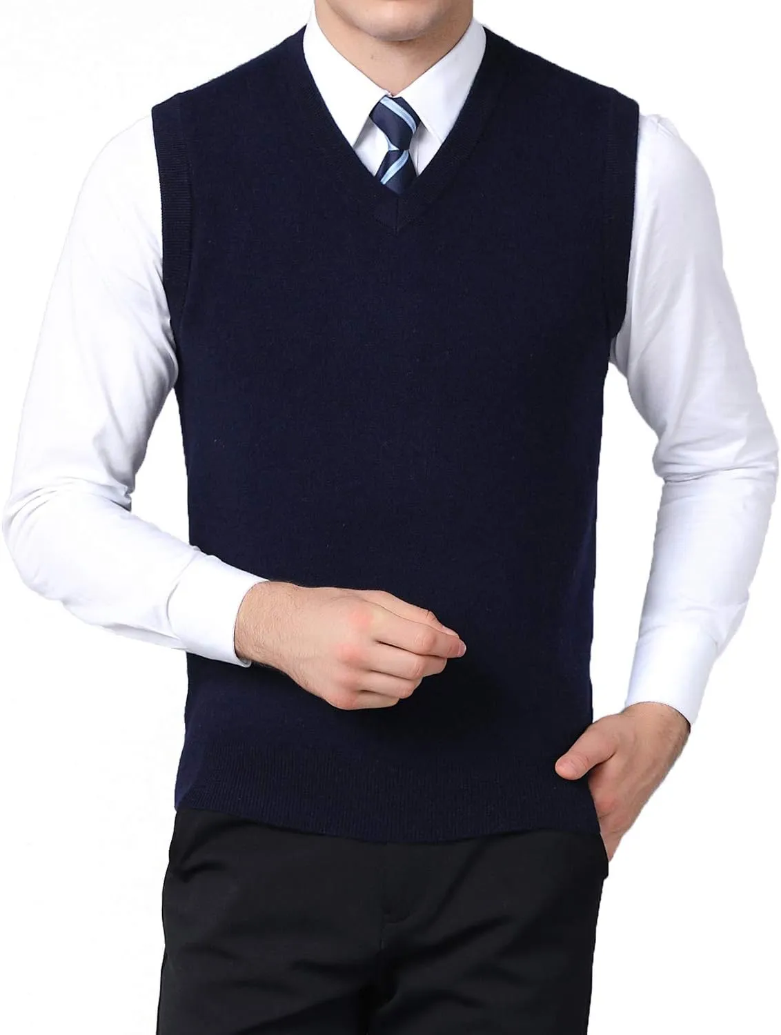 FULIER Men's Cashmere Wool V-Neck Sleeveless Vest Classic Pullover Knitted Waistcoat Sweater Cardigans Tank Tops