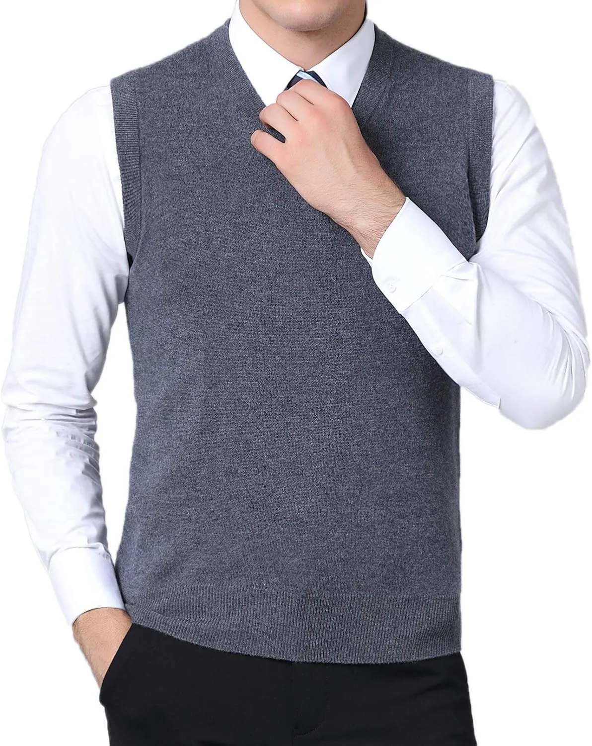 FULIER Men's Cashmere Wool V-Neck Sleeveless Vest Classic Pullover Knitted Waistcoat Sweater Cardigans Tank Tops