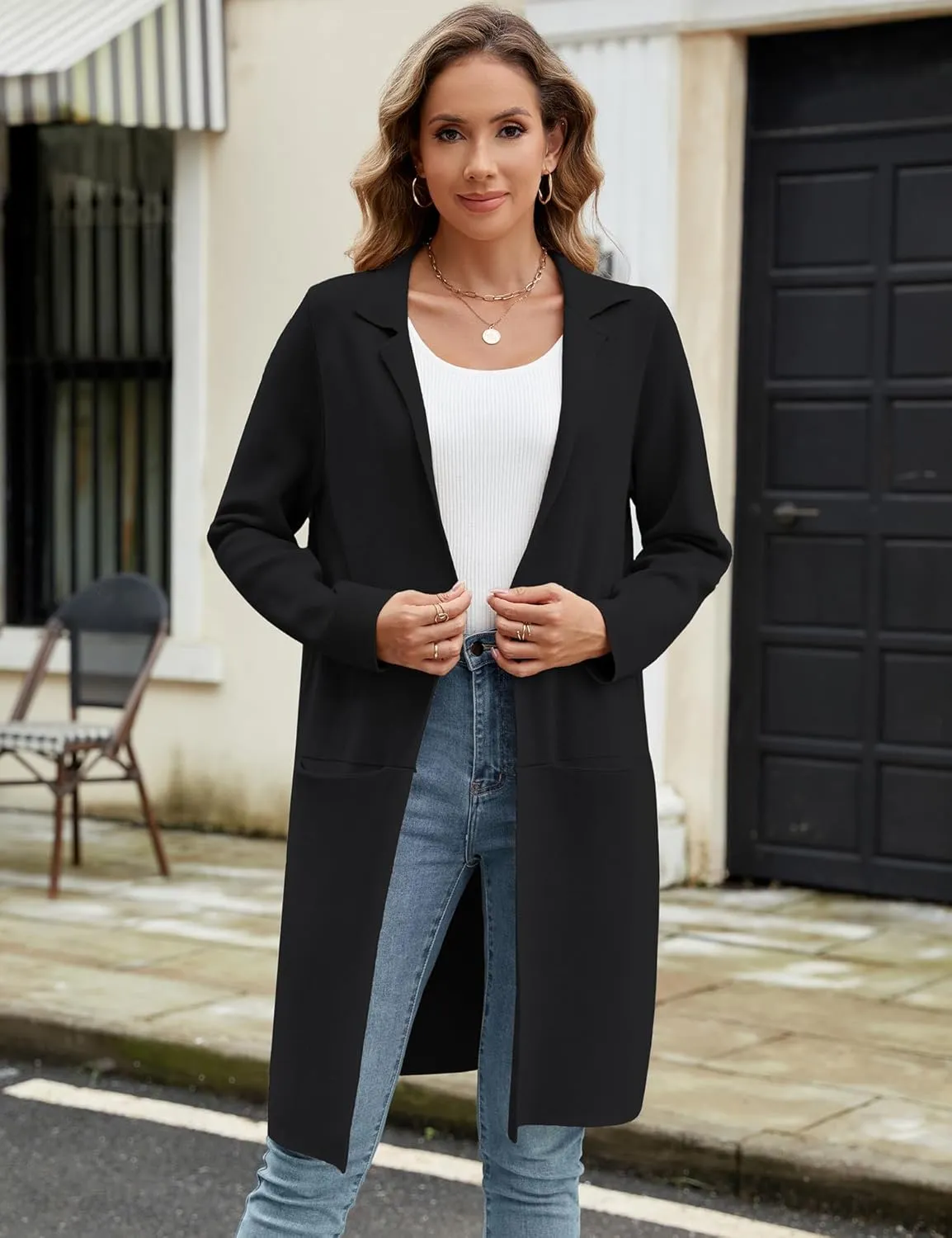 Genhoo Womens Long Cardigan Sweaters Knit Open Front Coatigan Lapel Knee Length Cardigan Coat with Pockets