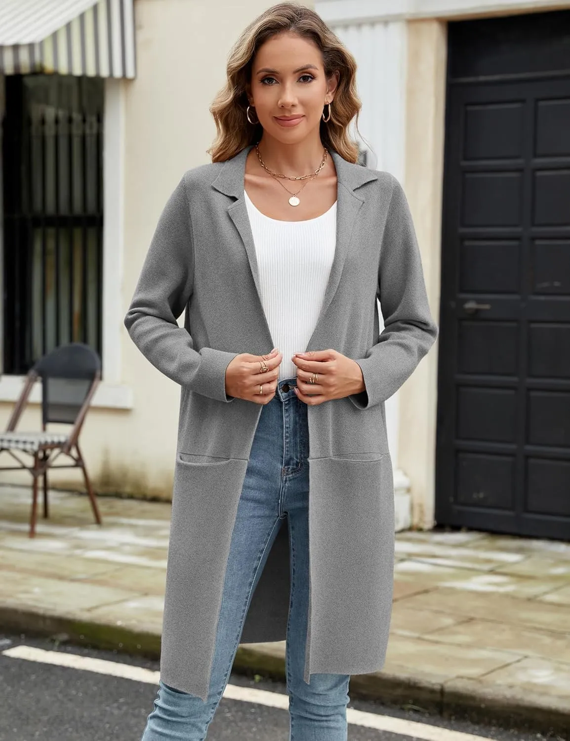 Genhoo Womens Long Cardigan Sweaters Knit Open Front Coatigan Lapel Knee Length Cardigan Coat with Pockets