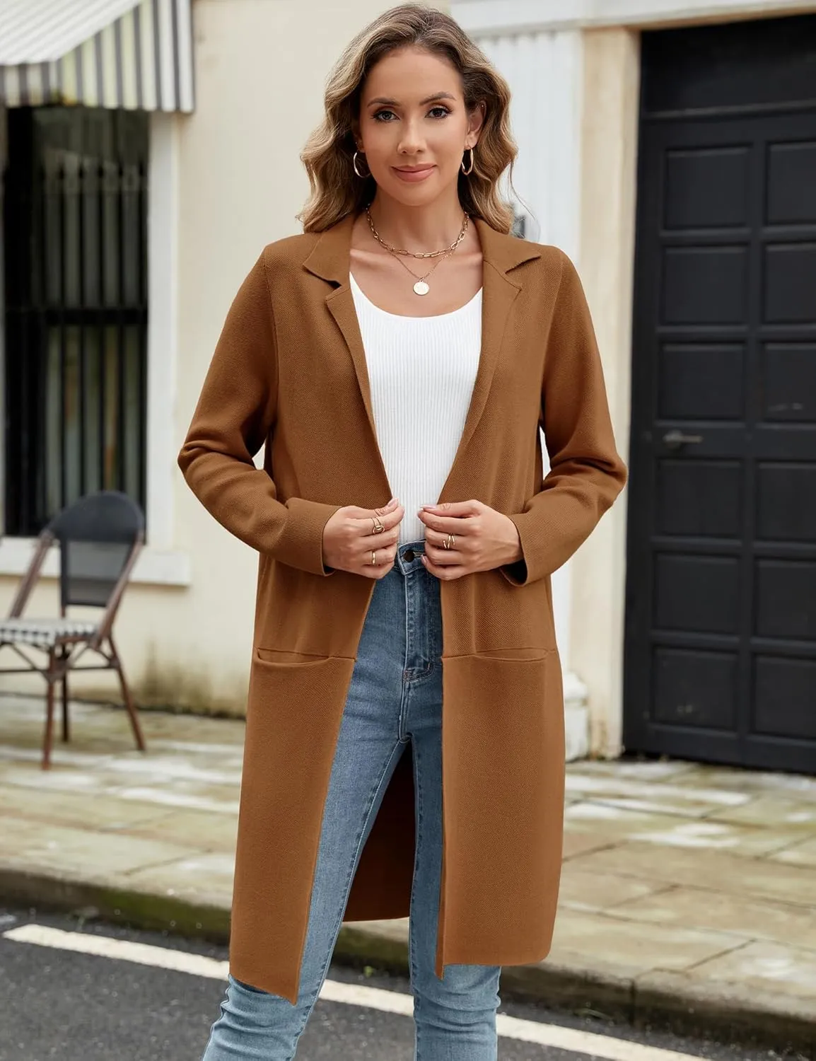 Genhoo Womens Long Cardigan Sweaters Knit Open Front Coatigan Lapel Knee Length Cardigan Coat with Pockets