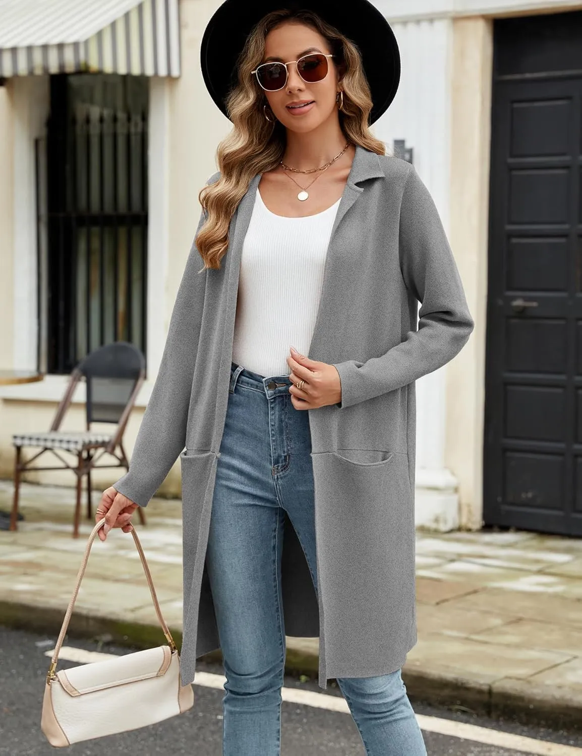 Genhoo Womens Long Cardigan Sweaters Knit Open Front Coatigan Lapel Knee Length Cardigan Coat with Pockets