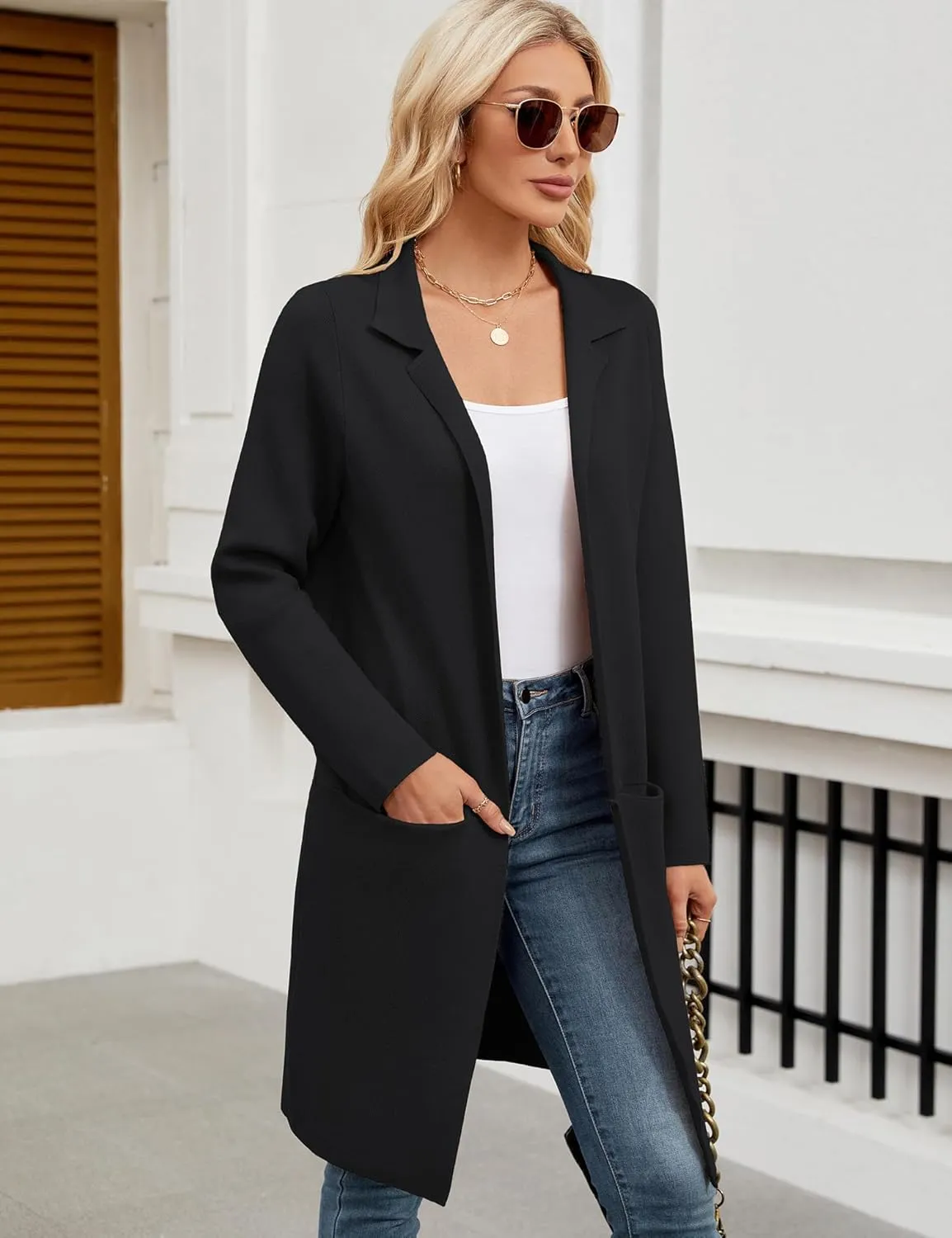 Genhoo Womens Long Cardigan Sweaters Knit Open Front Coatigan Lapel Knee Length Cardigan Coat with Pockets