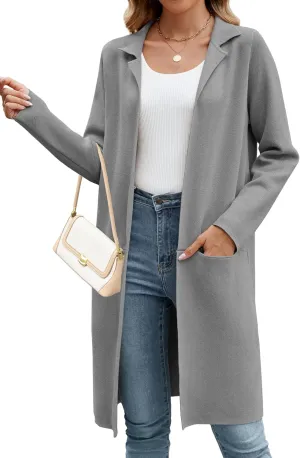 Genhoo Womens Long Cardigan Sweaters Knit Open Front Coatigan Lapel Knee Length Cardigan Coat with Pockets