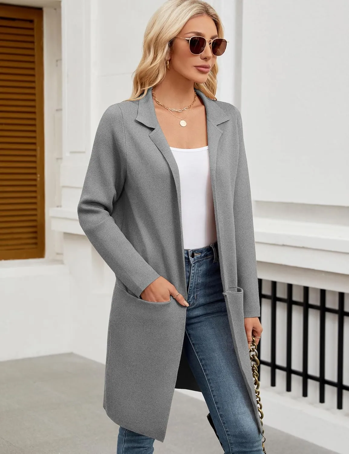 Genhoo Womens Long Cardigan Sweaters Knit Open Front Coatigan Lapel Knee Length Cardigan Coat with Pockets