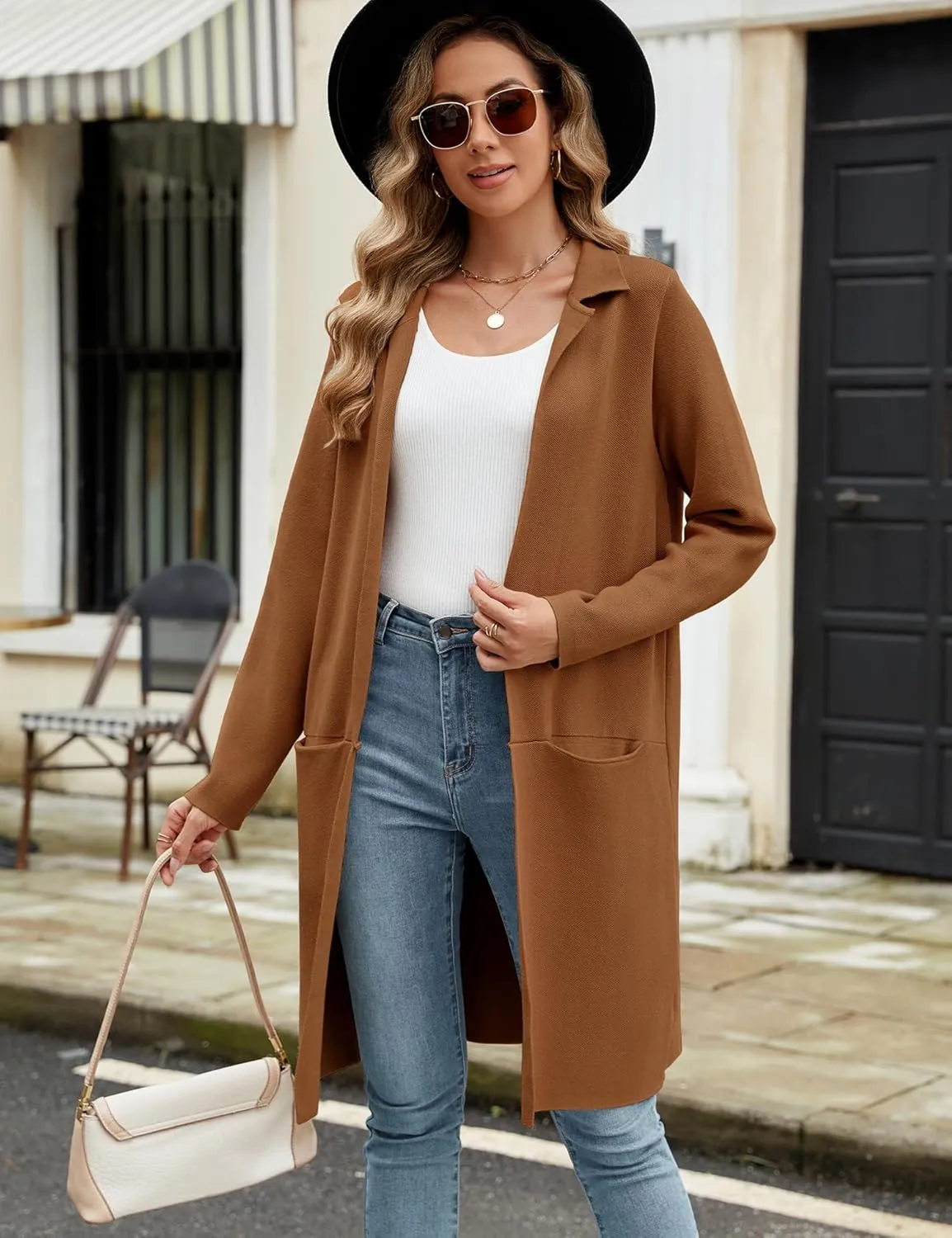 Genhoo Womens Long Cardigan Sweaters Knit Open Front Coatigan Lapel Knee Length Cardigan Coat with Pockets