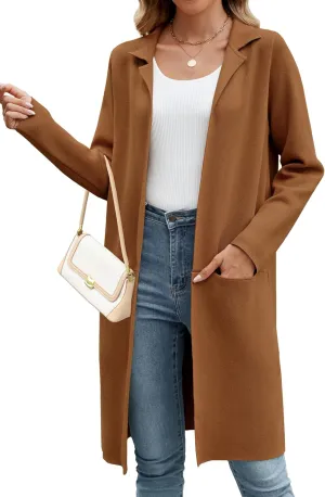 Genhoo Womens Long Cardigan Sweaters Knit Open Front Coatigan Lapel Knee Length Cardigan Coat with Pockets