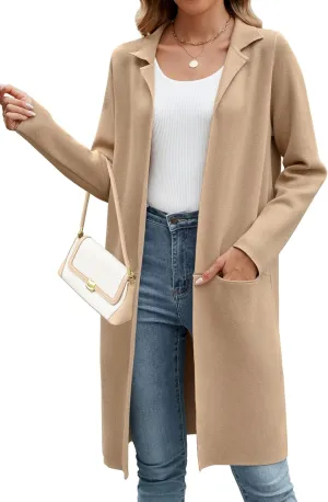 Genhoo Womens Long Cardigan Sweaters Knit Open Front Coatigan Lapel Knee Length Cardigan Coat with Pockets