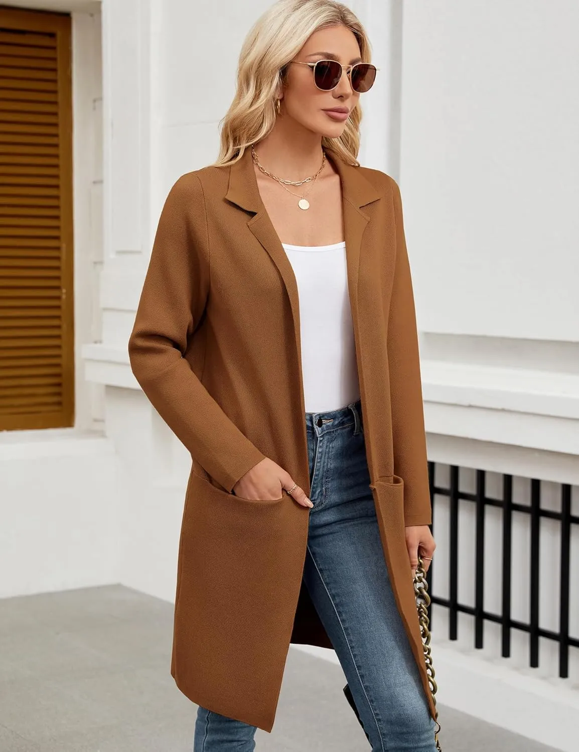 Genhoo Womens Long Cardigan Sweaters Knit Open Front Coatigan Lapel Knee Length Cardigan Coat with Pockets